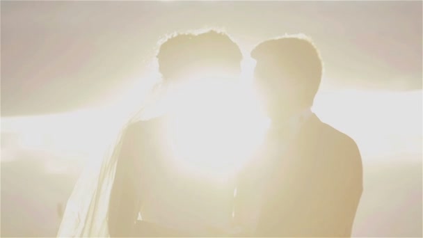 Αγαπώντας παντρεμένος ζευγάρι φιλιούνται στο φως του ήλιου silhouetted - Πλάνα, βίντεο