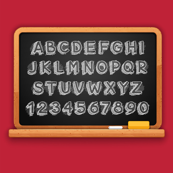 Hand Drawn Chalked 3D Letters and Numbers on Blackboard - Vector, Image