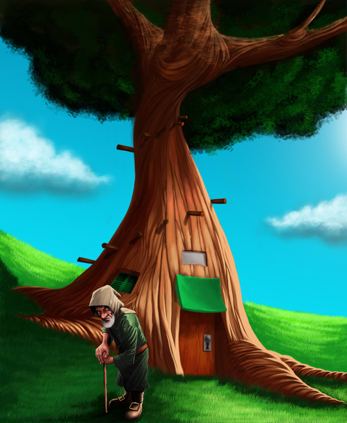 Un gnomo en frente de su casa árbol mágico
 - Foto, imagen