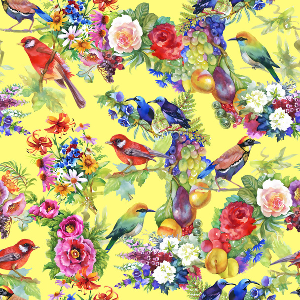 colorful birds with flowers and fruits - Zdjęcie, obraz