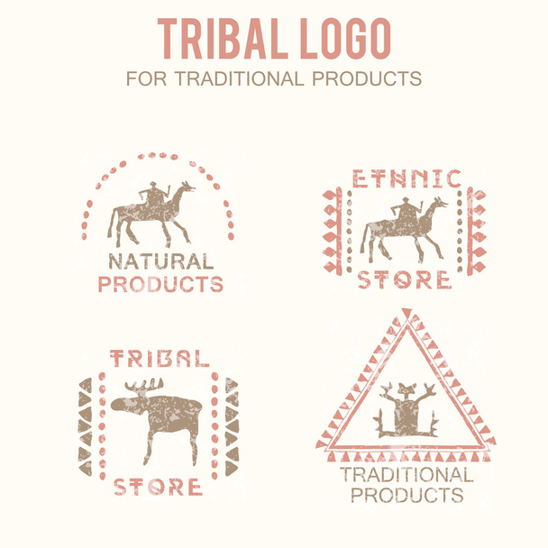 Set of 4 tribal badges for traditional and natural products, ethnic and tribal store - ベクター画像