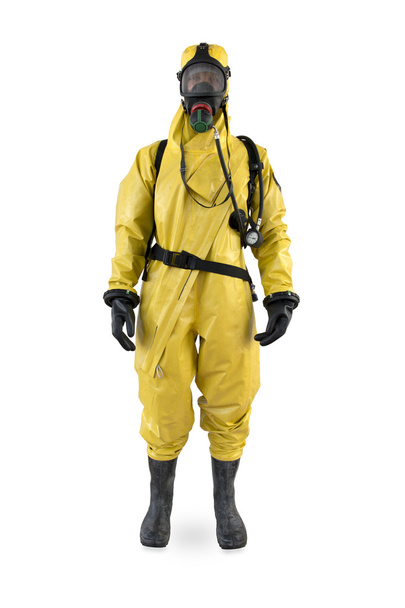 изолированный работник в защитном костюме и дыхательном аппарате
 - Фото, изображение