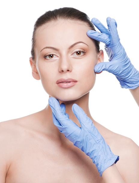 Beautician touch and exam health woman face - Foto, afbeelding