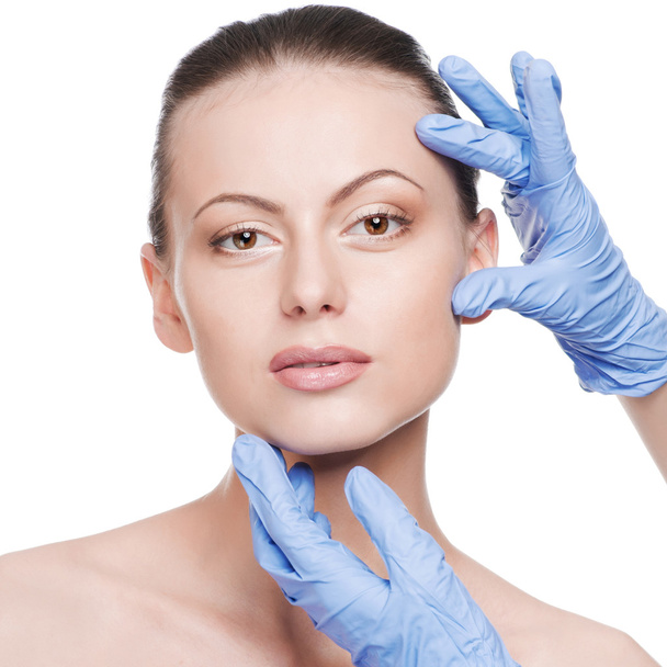 Beautician touch and exam health woman face - Foto, Imagem