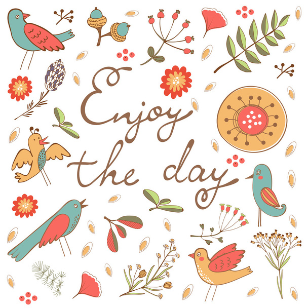 Beautiful enjoy the day concept floral card with birds leaves and twigs - Wektor, obraz