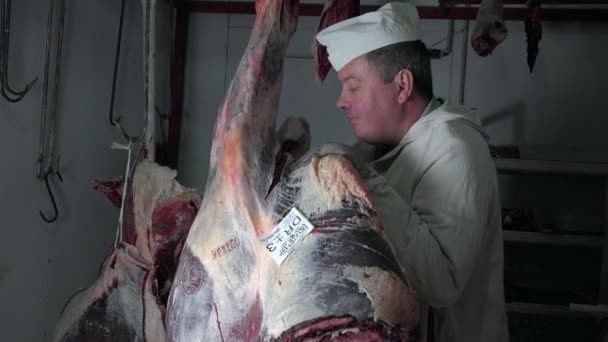Metzger in seiner Kühlkammer - Filmmaterial, Video