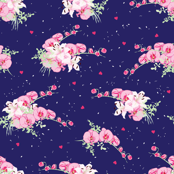 Navy dotted pattern with orchid and lily bouquets - Vektori, kuva