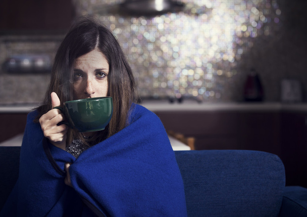 Sick Woman with Hot Drink. Headache. Flu. Woman. Caught Cold. Virus - Fotó, kép