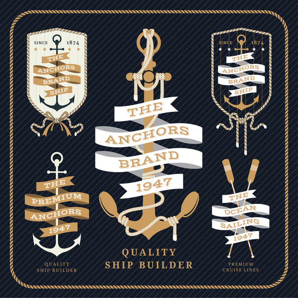 Vintage nautical anchor and ribbon labels set on dark background - Vector, Image