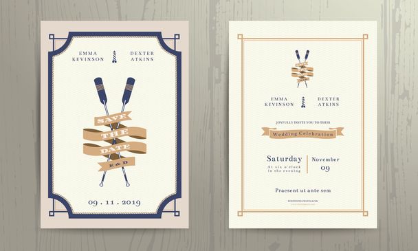 Εκλεκτής ποιότητας ναυτική δίδυμο κουπιά κορδέλα γάμος πρόσκληση κάρτα πρότυπο - Διάνυσμα, εικόνα