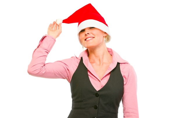 Cheerful office woman with Santa Hat over her eyes - Fotó, kép