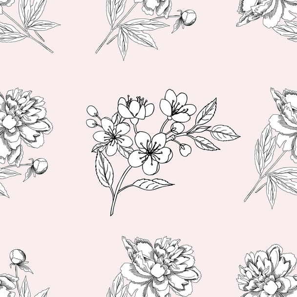 Seamless pattern with peony - Vector, Imagen