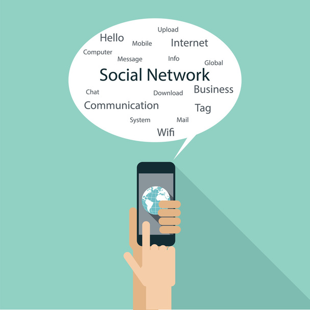 Flat design concept for social network. Hand holding smart phone and speech bubble for your sample text - Vector, Image