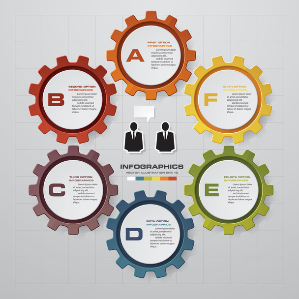 6 steps of info graphic gears shape on global map background.. - Vector, afbeelding