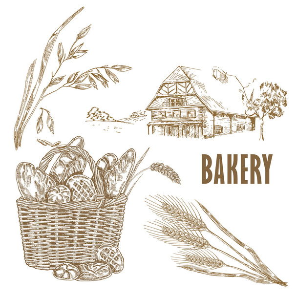 Хлеб ручной работы, дом на ферме, овес, пшеница
 - Вектор,изображение