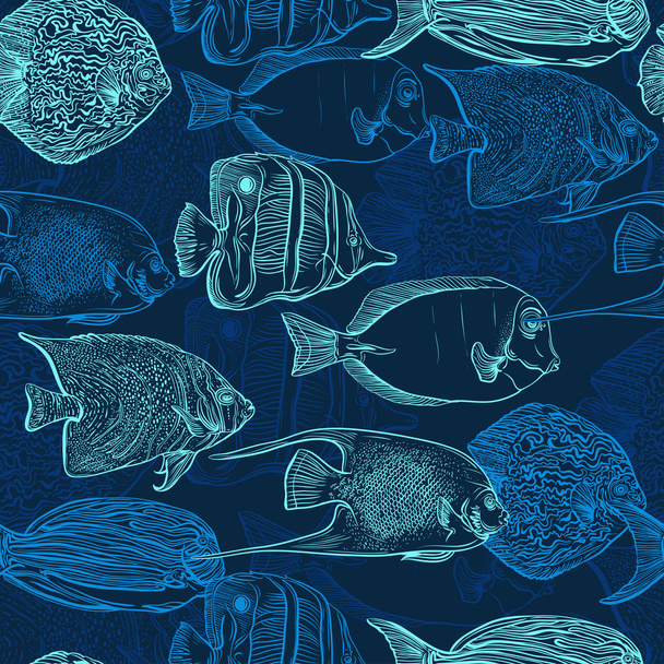 Seamless pattern with collection of tropical fish. Vintage set of hand drawn marine fauna. Vector illustration in line art style. Design for summer beach, decorations. - Διάνυσμα, εικόνα