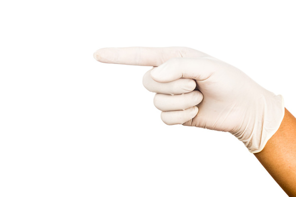 Hand in OP-Latex-Handschuh vor weißem Hintergrund - Foto, Bild