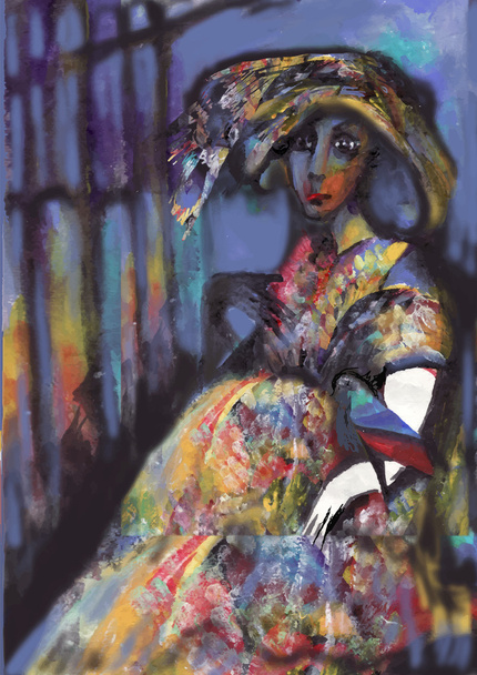 beautiful woman painted on blue, evening light - Zdjęcie, obraz