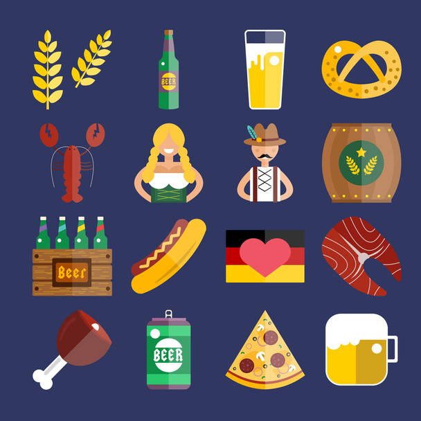 Set of flat Oktoberfest vector icons. Bottle Beer, Food and Drinks - Vektor, kép