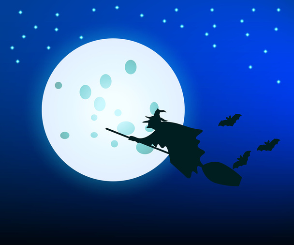 The witch flying on a broom on background of the moon. Night sky, full moon. Picture on Halloween. The bats. Black silhouette. Vector illustration. - Vector, Image