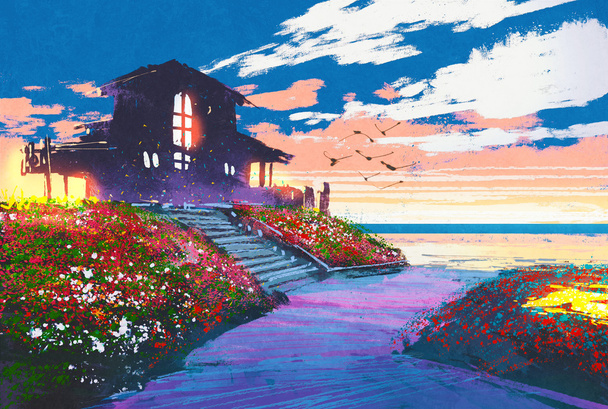 paisaje marino con casa de playa y flores de colores en el fondo
 - Foto, Imagen