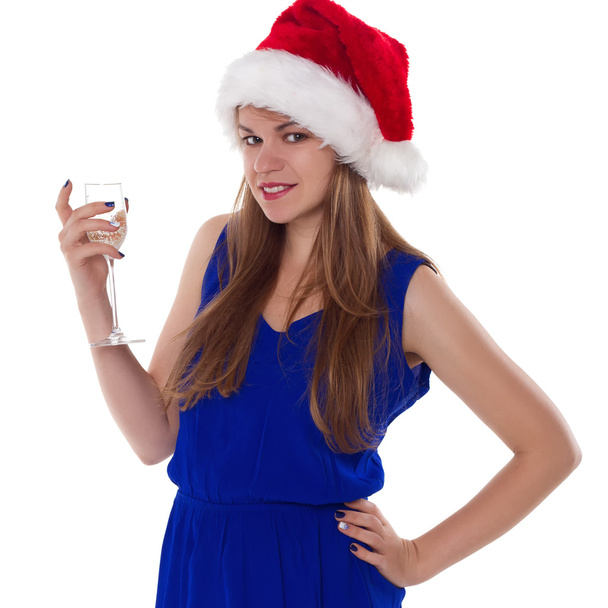 mulher natal bonito sorrindo com copo de champanhe chapéu santas isolado
 - Foto, Imagem