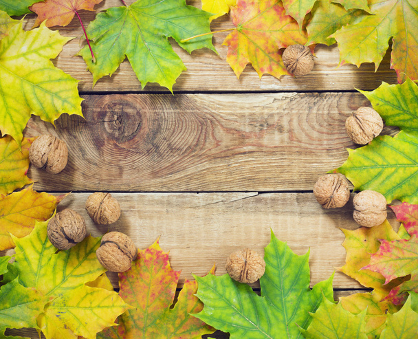 Autumn leaves nuts over old wooden background - Zdjęcie, obraz