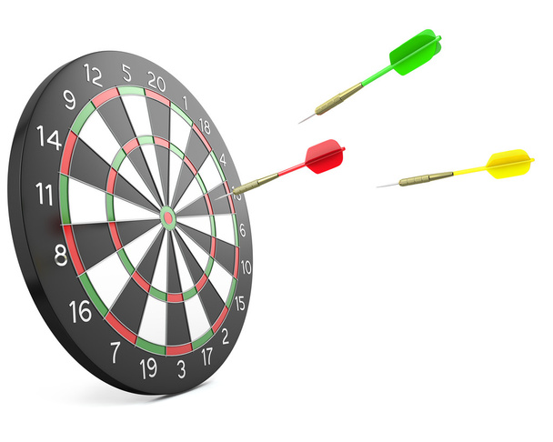 Three darts arrows flying into board - Φωτογραφία, εικόνα