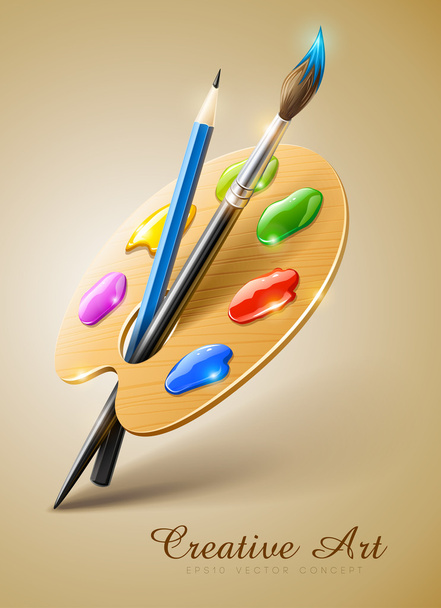 Art palette with paint brush and pencil tools for drawing - Vector, Image
