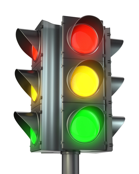 Feu de circulation à quatre côtés avec rouge, jaune et vert
 - Photo, image