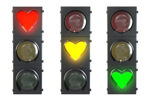 Conjunto de semáforos em forma de coração vermelho, amarelo e verde lam
 - Foto, Imagem