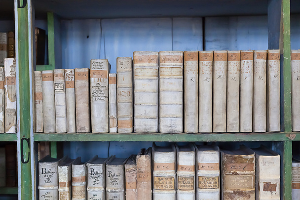 historische oude boeken in bibliotheek, houten boekenplank - Foto, afbeelding