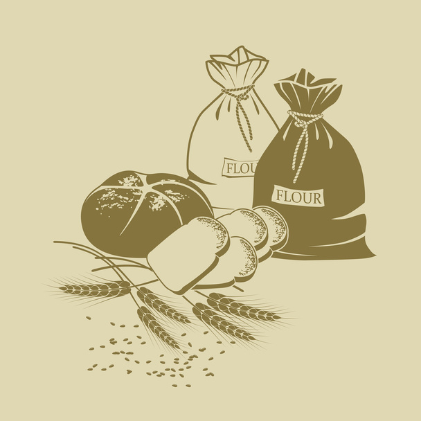 Ilustração de pão de centeio, pão torrado, trigo e sacos de farinha
 - Vetor, Imagem