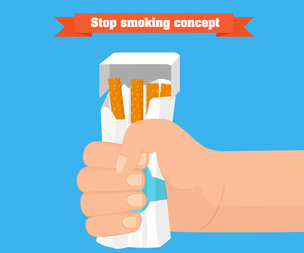 Pare de fumar conceito. Mão esmagando um pacote de cigarros vetor
. - Vetor, Imagem