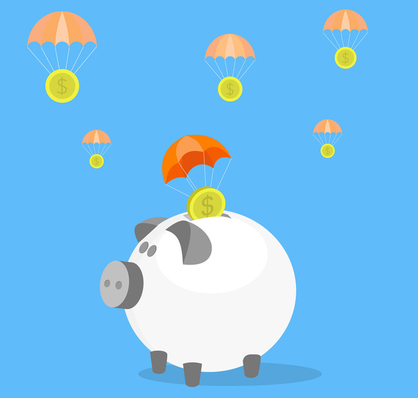 Ilustración conceptual de ahorro de dinero. Paracaídas monedas aterrizaje en caja de dinero
. - Vector, imagen