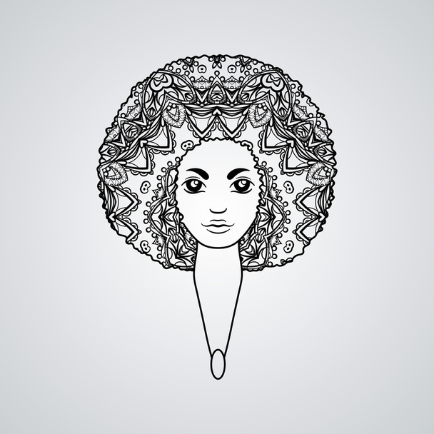 Portrait of a woman with luxuriant hair in the style of an African.  The patterns in the hair. - Zdjęcie, obraz