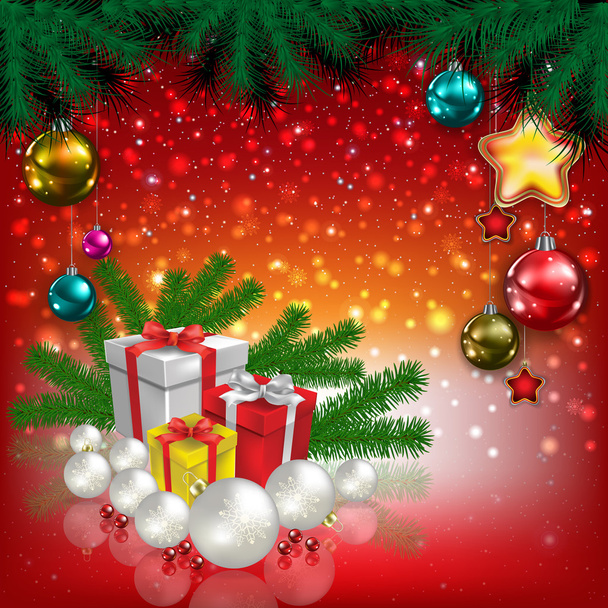 Saludo rojo de Navidad abstracto con rama de pino
 - Vector, Imagen