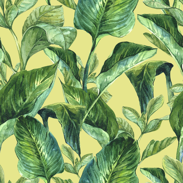 Watercolor Seamless Background with Tropical Leaves - Valokuva, kuva