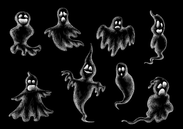 Halloween flying ghost sketches on black - Vektör, Görsel