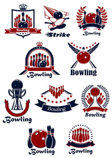 Bowling sporting club emblems with items - Vector, Image