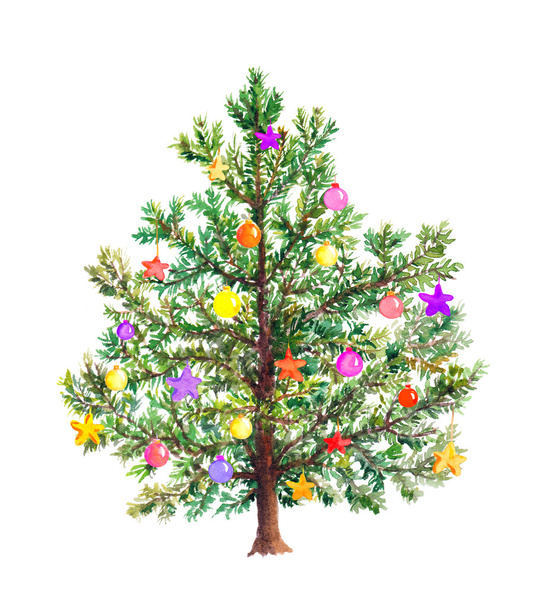 Christmas tree with decorative baubles. Watercolor - Zdjęcie, obraz