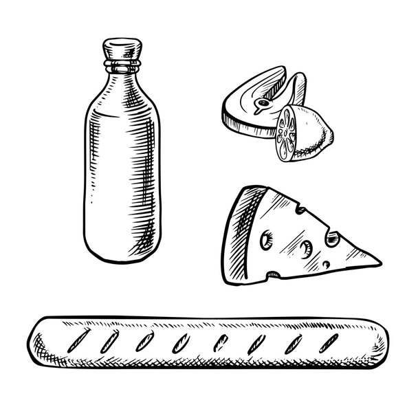 French food and drinks sketches - Vector, Image