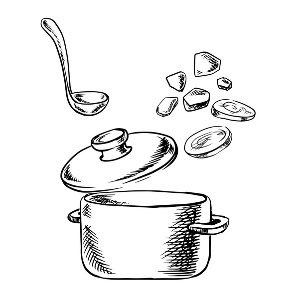 Processo di cottura di minestra con verdure
 - Vettoriali, immagini