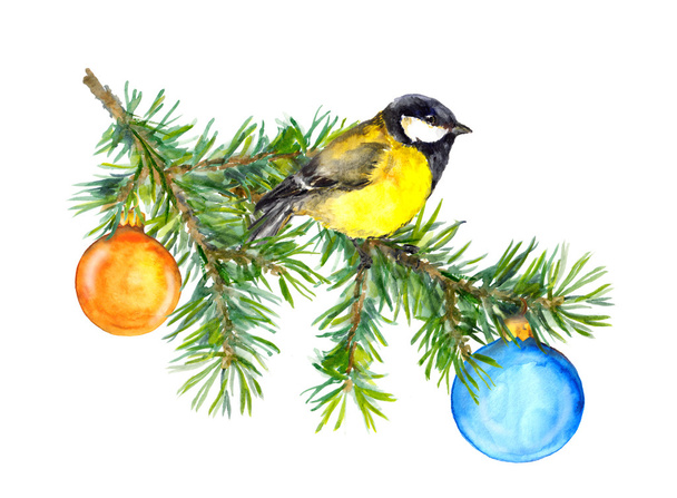 Vintage greeting card with tit and christmas tree, new year - Fotó, kép