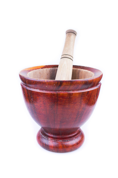 wooden mortar and pestle isolated on white background - Photo, Image