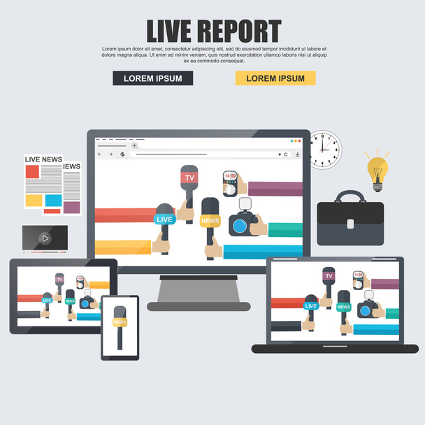 Flat concept for live report, live news with microphones and tape recorders - Vector, Image