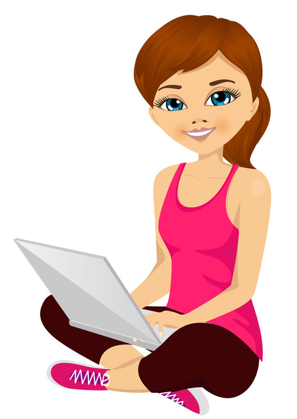 young brunette girl using a laptop computer - Διάνυσμα, εικόνα