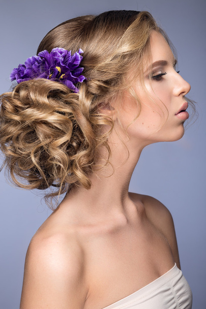 beautiful blond girl  in image of the bride with purple flowers on her head. Beauty face. - Photo, image