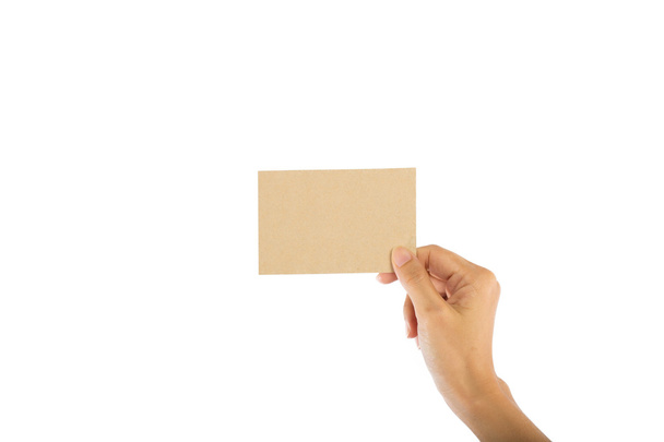 female teen hand holding blank card, isolated on white - Foto, Imagem