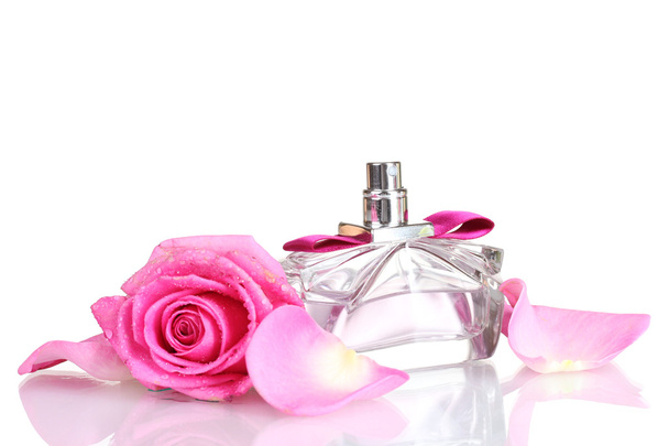 Perfume and pink roses on white background - 写真・画像